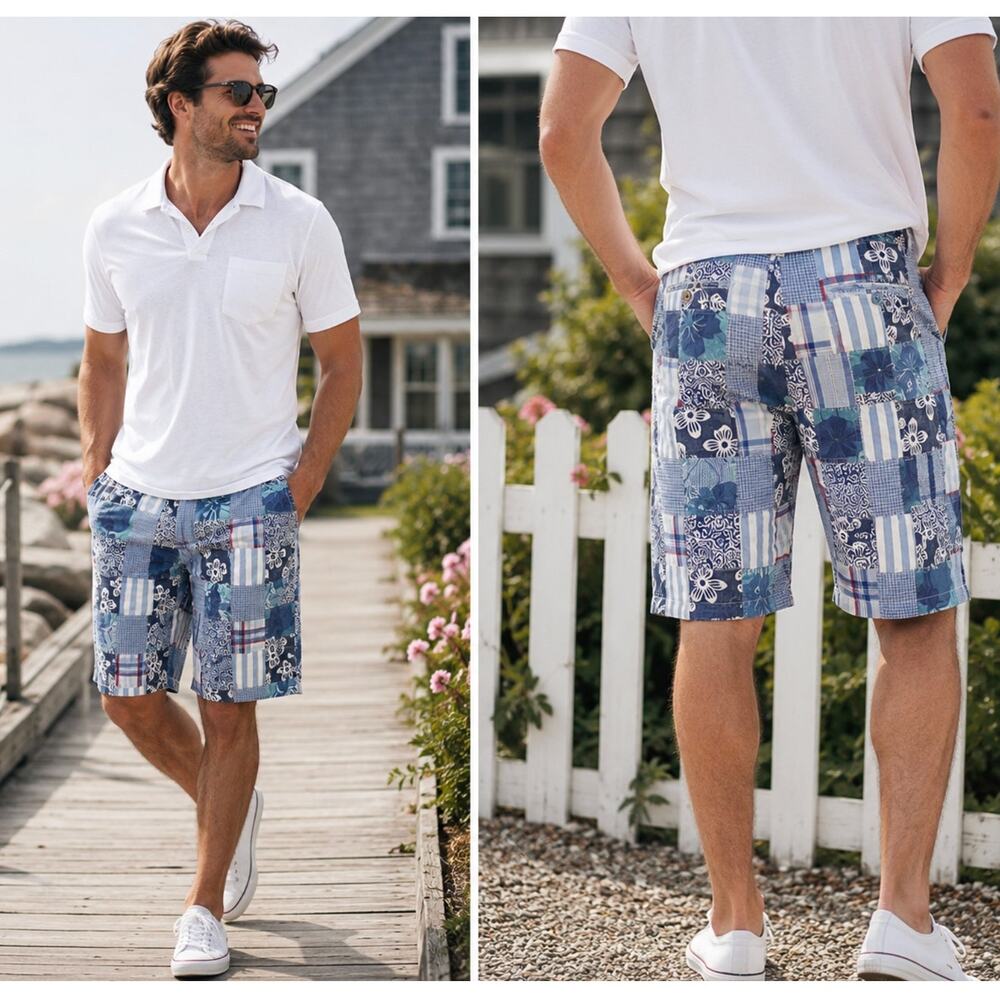 Red Snap Patchwork Cotton Shorts Blue Madras Coastal Grandpa Beach Men Size 36